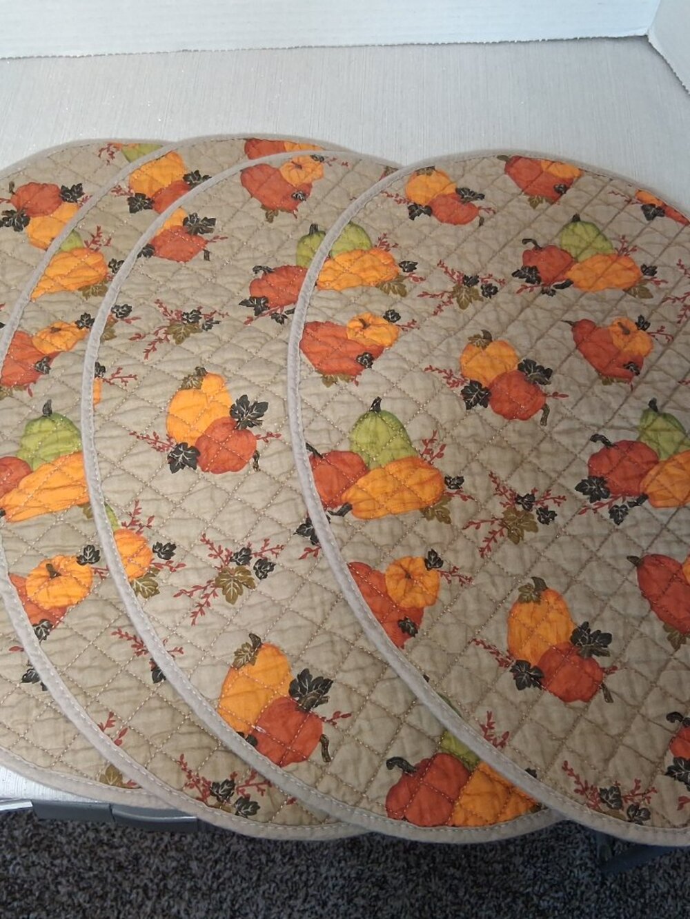 Set of 4 Orange Fall Halloween Pumpkin Gourd leaves Oval Quilted Placemats 12X16